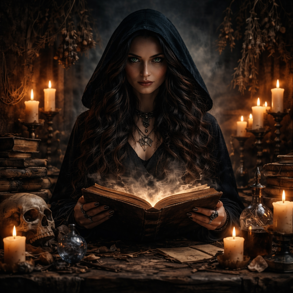 Hechicera envuelta en sombras, con mirada que guarda secretos antiguos y una magia que susurra la libertad de crear sin ataduras.