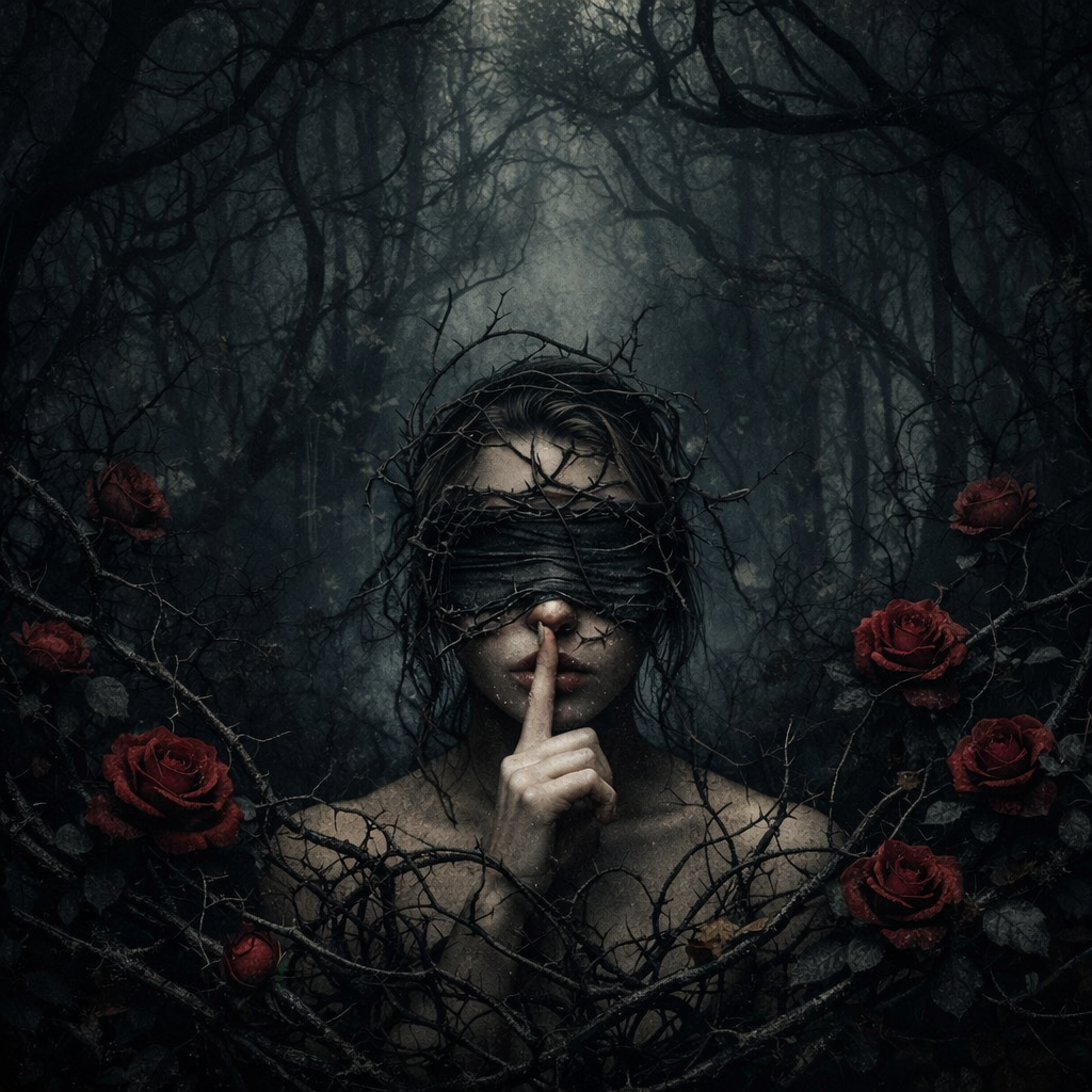 Figura femenina en un bosque oscuro, con los ojos cubiertos por ramas y rosas burdeos entre enredaderas