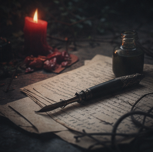 Curaduría literaria de manuscritos en espacio editorial gótico con velas